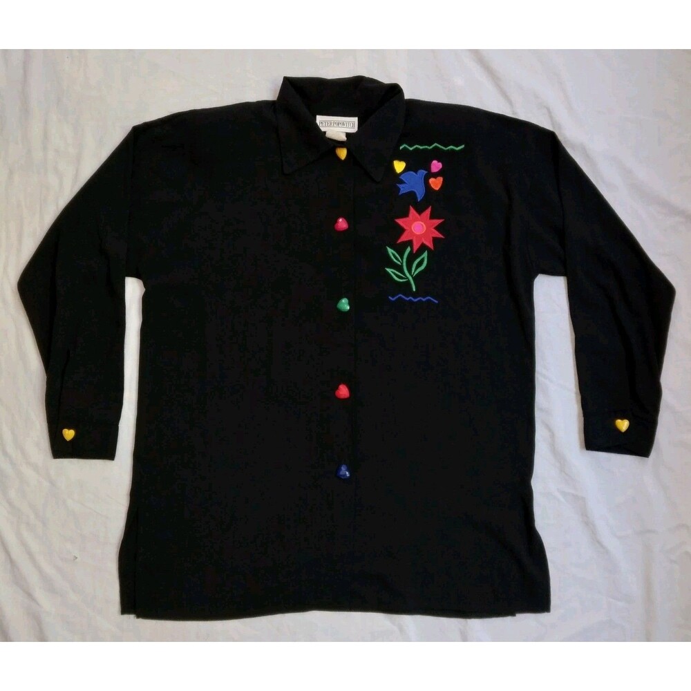 Vtg Peter Popovitch Blouse Black Heart Buttons Artsy Wearable Art Womens Large